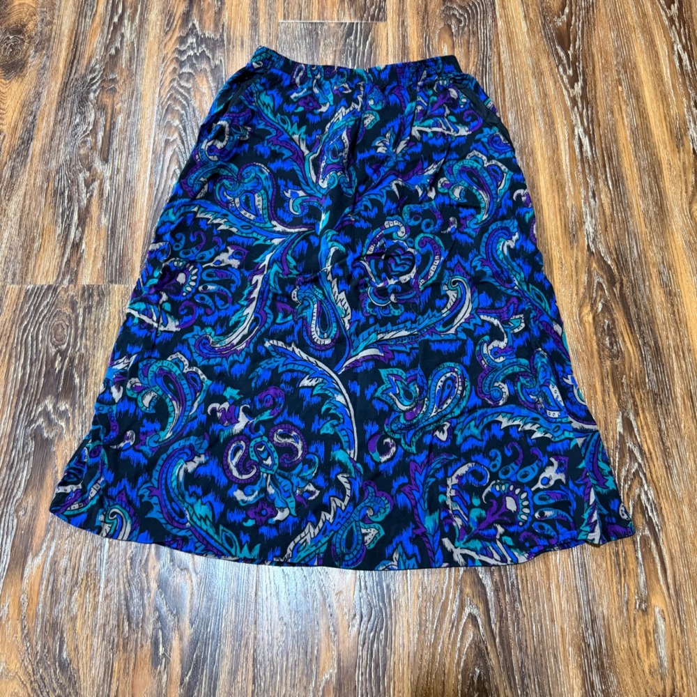 Vintage Walnut Sport Blue Paisley Midi Skirt Elastic Waist Pockets Size 10